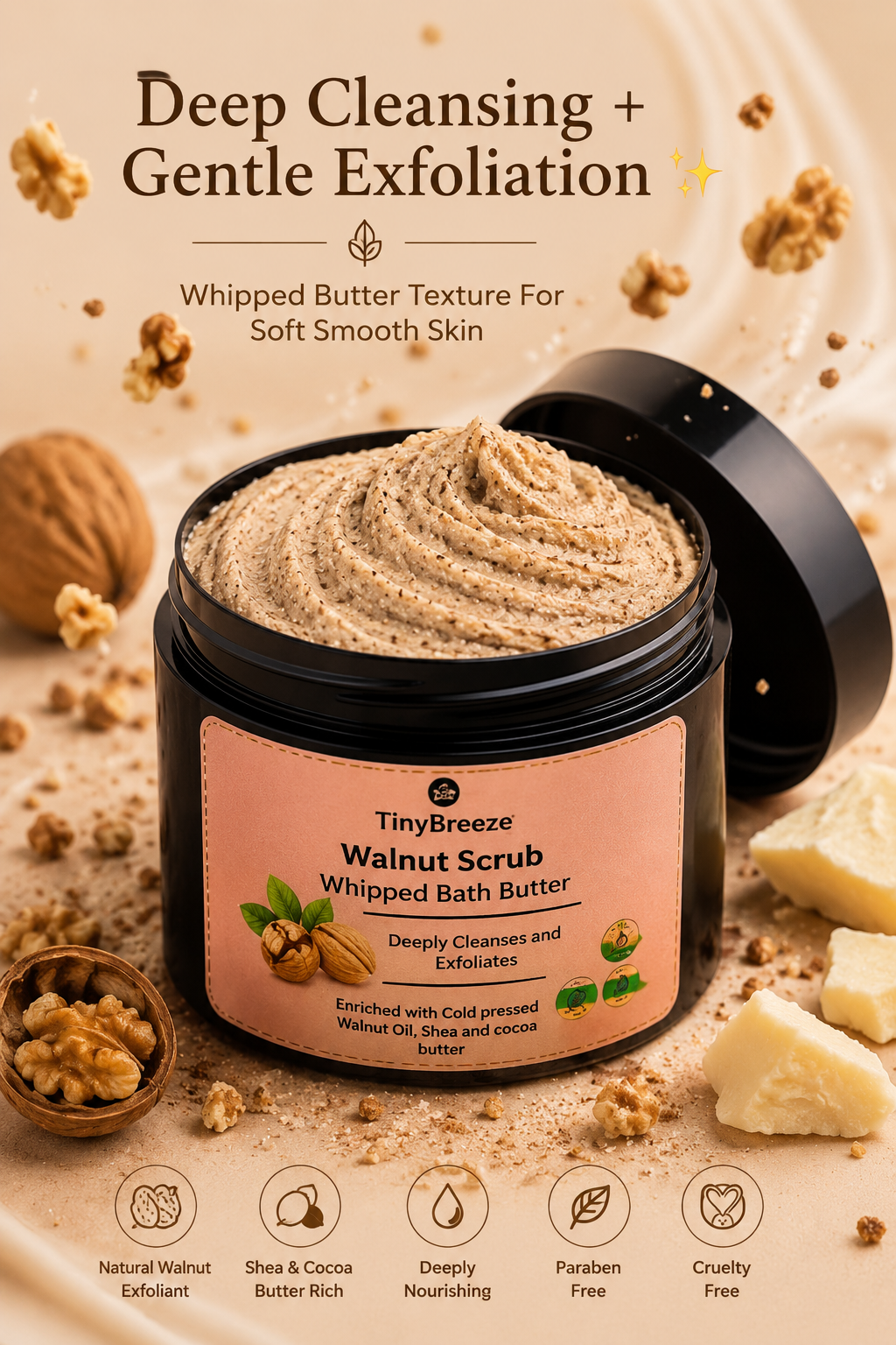 TinyBreeze Walnut Scrub Whipped Bath Butter - 200gm  | Deep Cleansing & Exfoliating Body Scrub | With Cold Pressed Walnut Oil