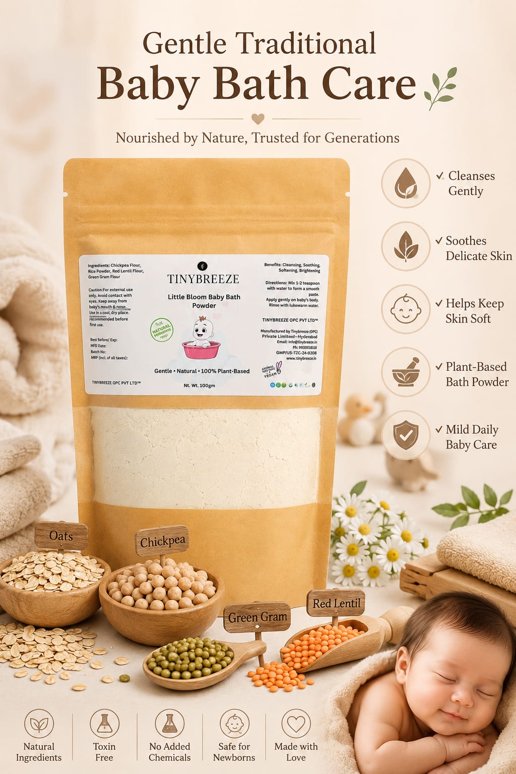 TinyBreeze Little Bloom Baby Bath Powder Gentle Herbal Bath Powder for Babies | Natural Daily Cleansing Care200gm