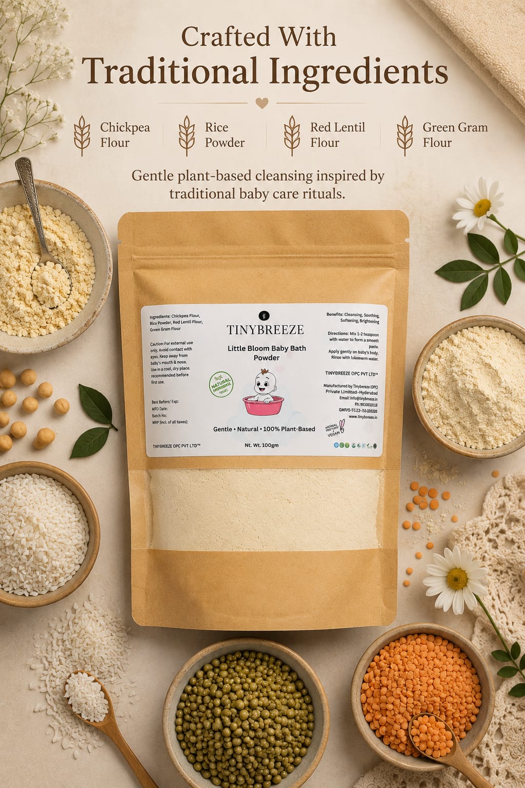 TinyBreeze Little Bloom Baby Bath Powder Gentle Herbal Bath Powder for Babies | Natural Daily Cleansing Care200gm