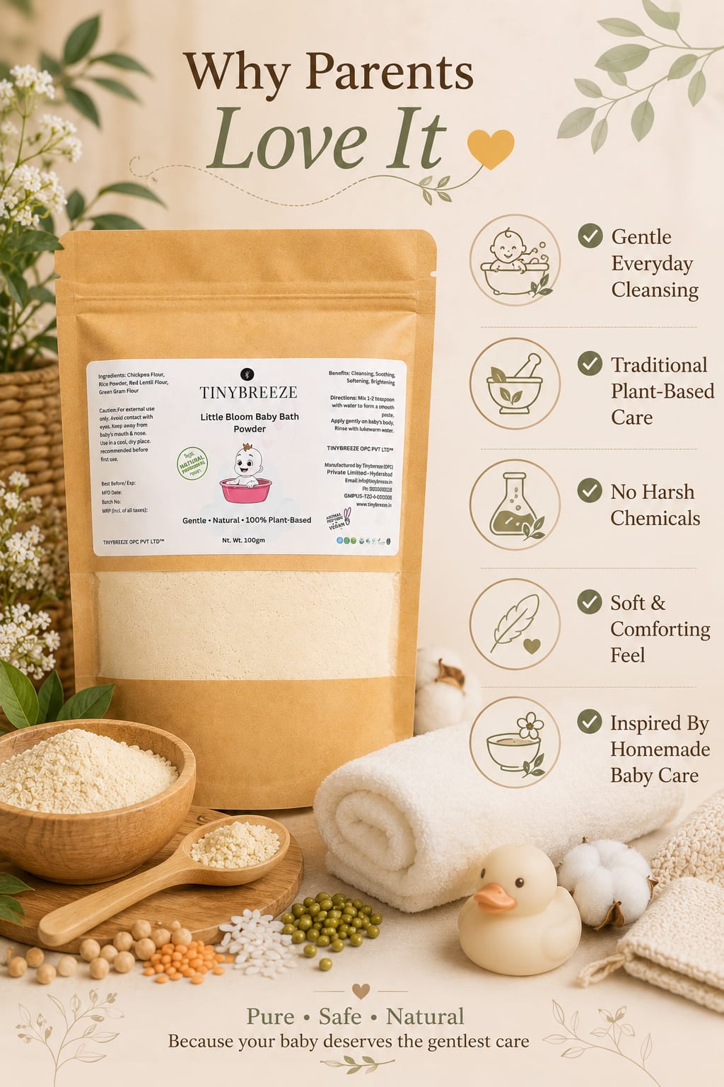 TinyBreeze Little Bloom Baby Bath Powder Gentle Herbal Bath Powder for Babies | Natural Daily Cleansing Care200gm