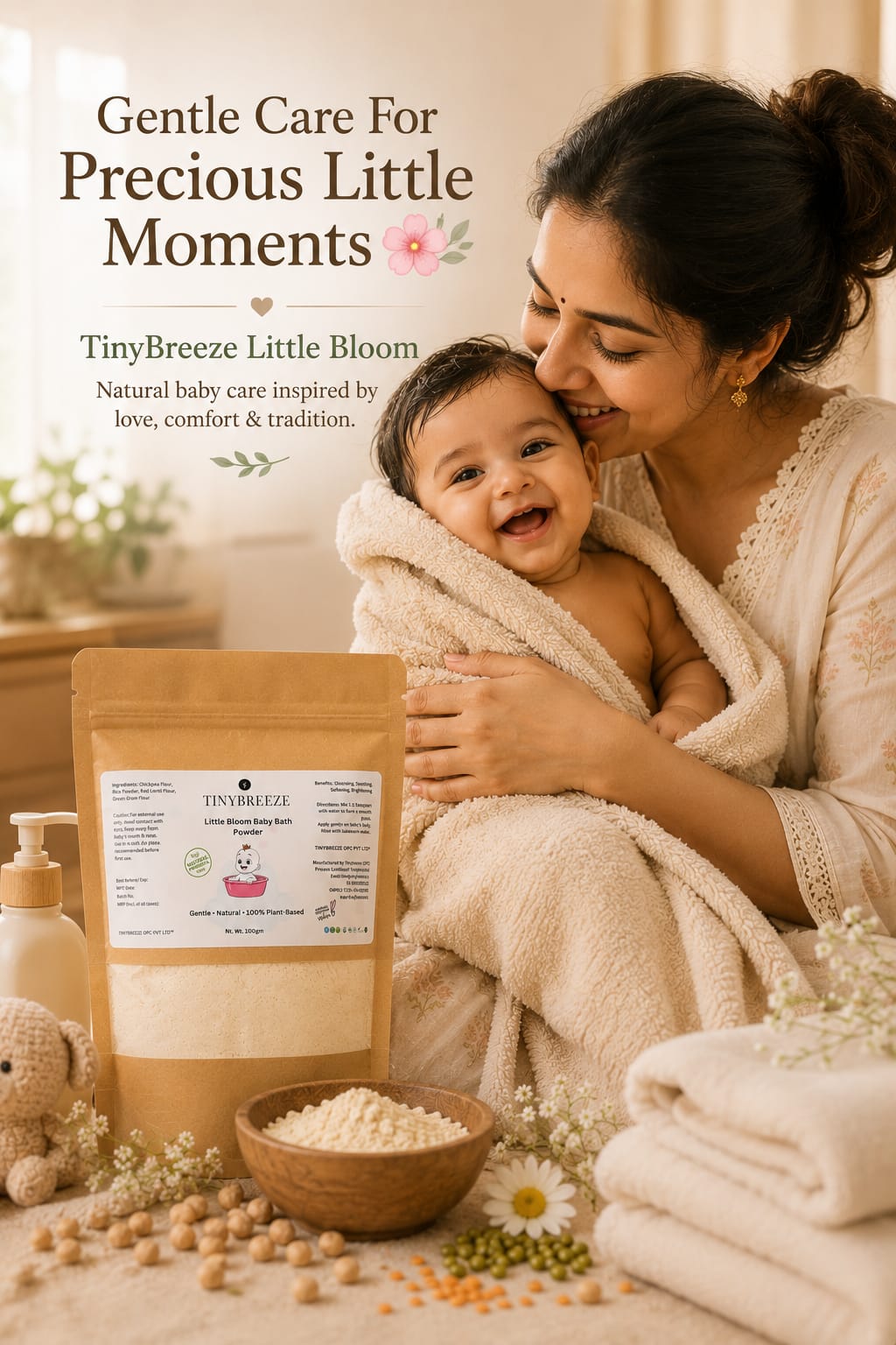 TinyBreeze Little Bloom Baby Bath Powder Gentle Herbal Bath Powder for Babies | Natural Daily Cleansing Care200gm