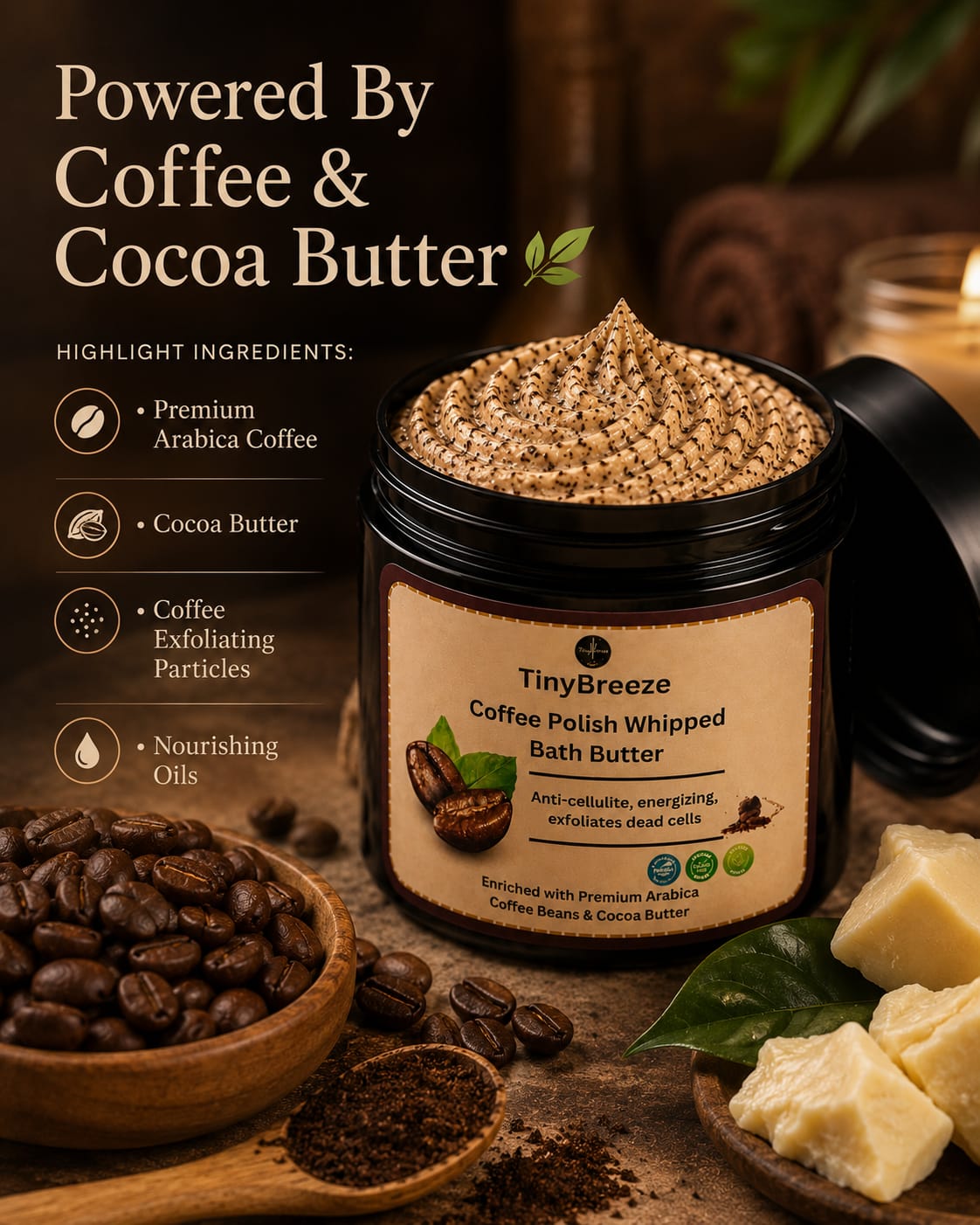TinyBreeze Coffee Polish Whipped Bath Butter - 200gm |Luxury Coffee Body Polish for Smooth, Soft & Glowing Skin