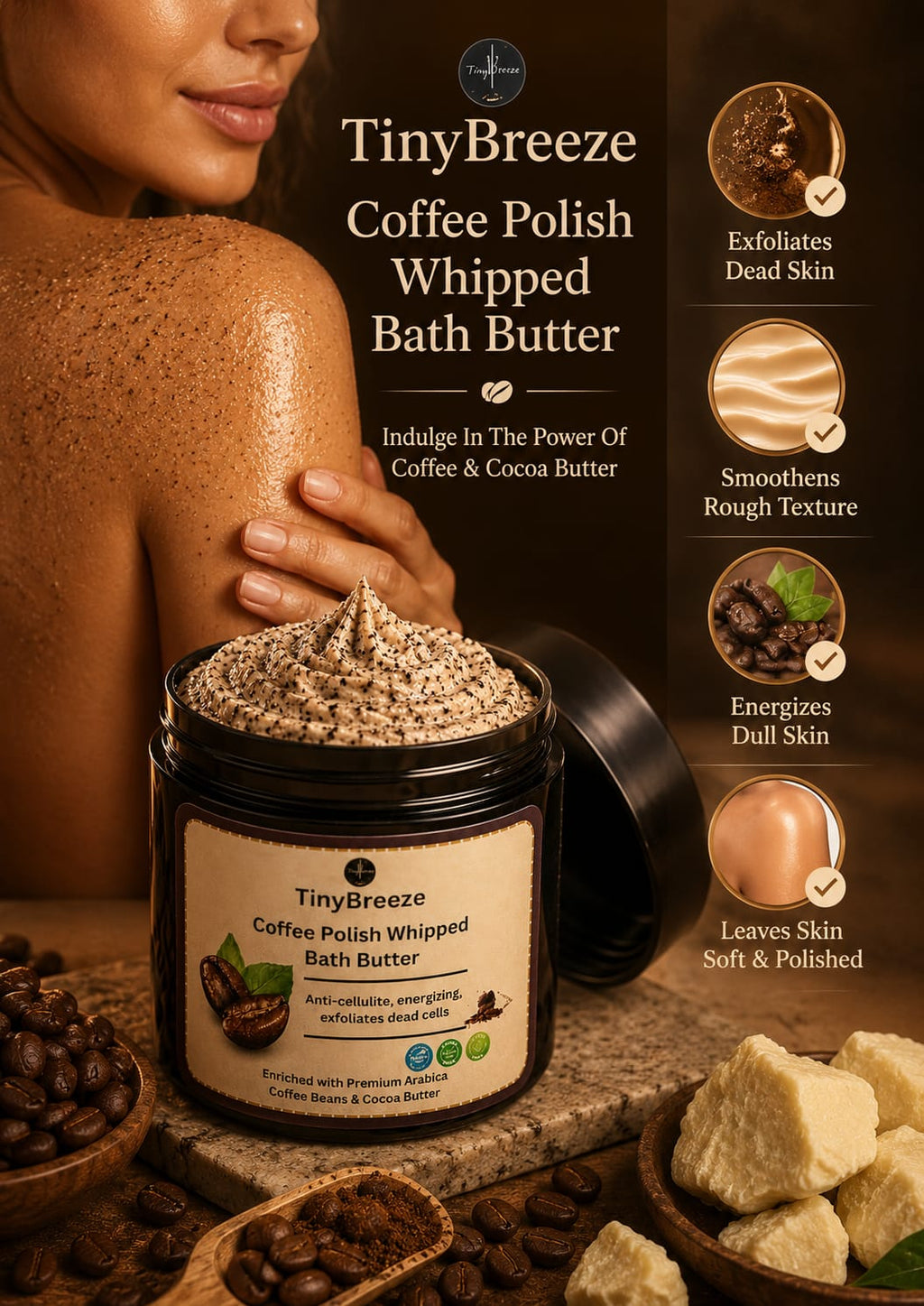 TinyBreeze Coffee Polish Whipped Bath Butter - 200gm |Luxury Coffee Body Polish for Smooth, Soft & Glowing Skin