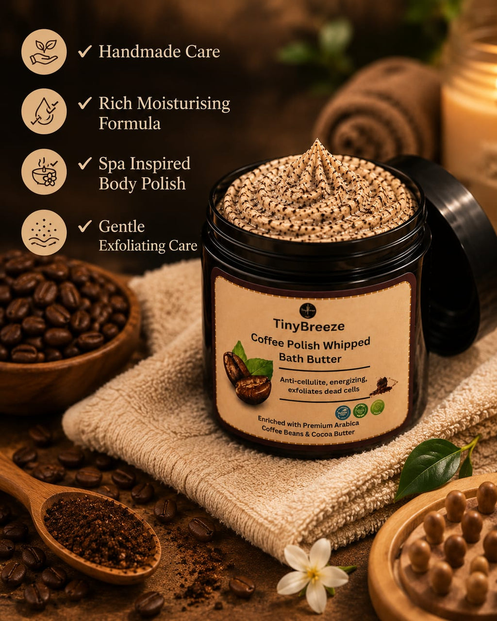 TinyBreeze Coffee Polish Whipped Bath Butter - 200gm |Luxury Coffee Body Polish for Smooth, Soft & Glowing Skin