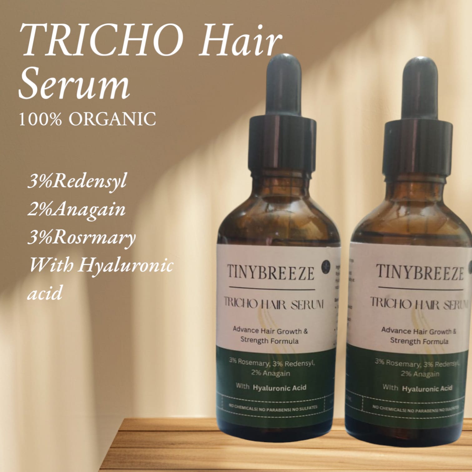 TRICHO Hair serum- 50 ml purely organic , Redensyl, Anagain, Rosemary, with Hyaluronic acid