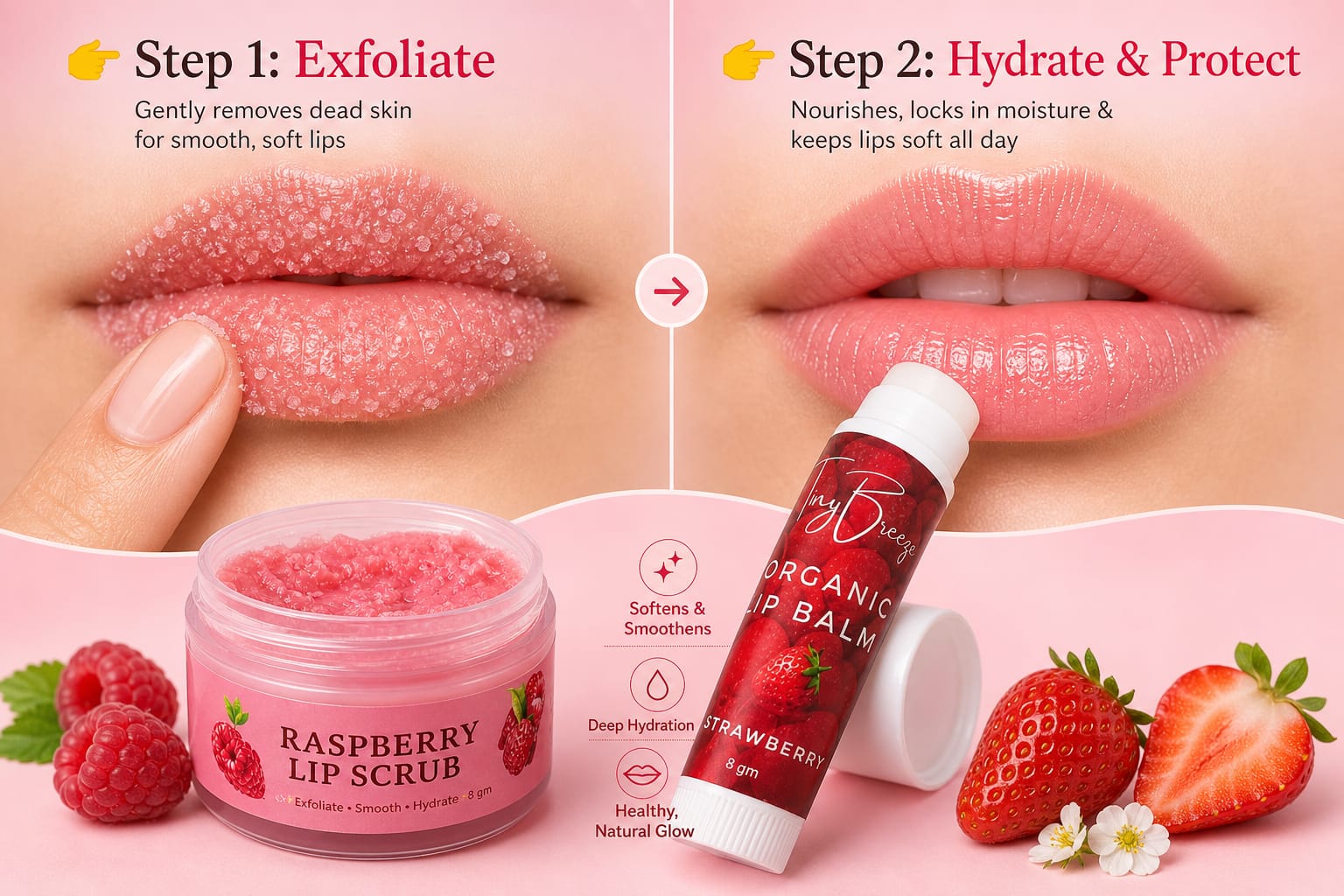 Raspberry Lip Care Set, Lip Scrub with Shea Butter and Cocoa Butter, Lip Balm