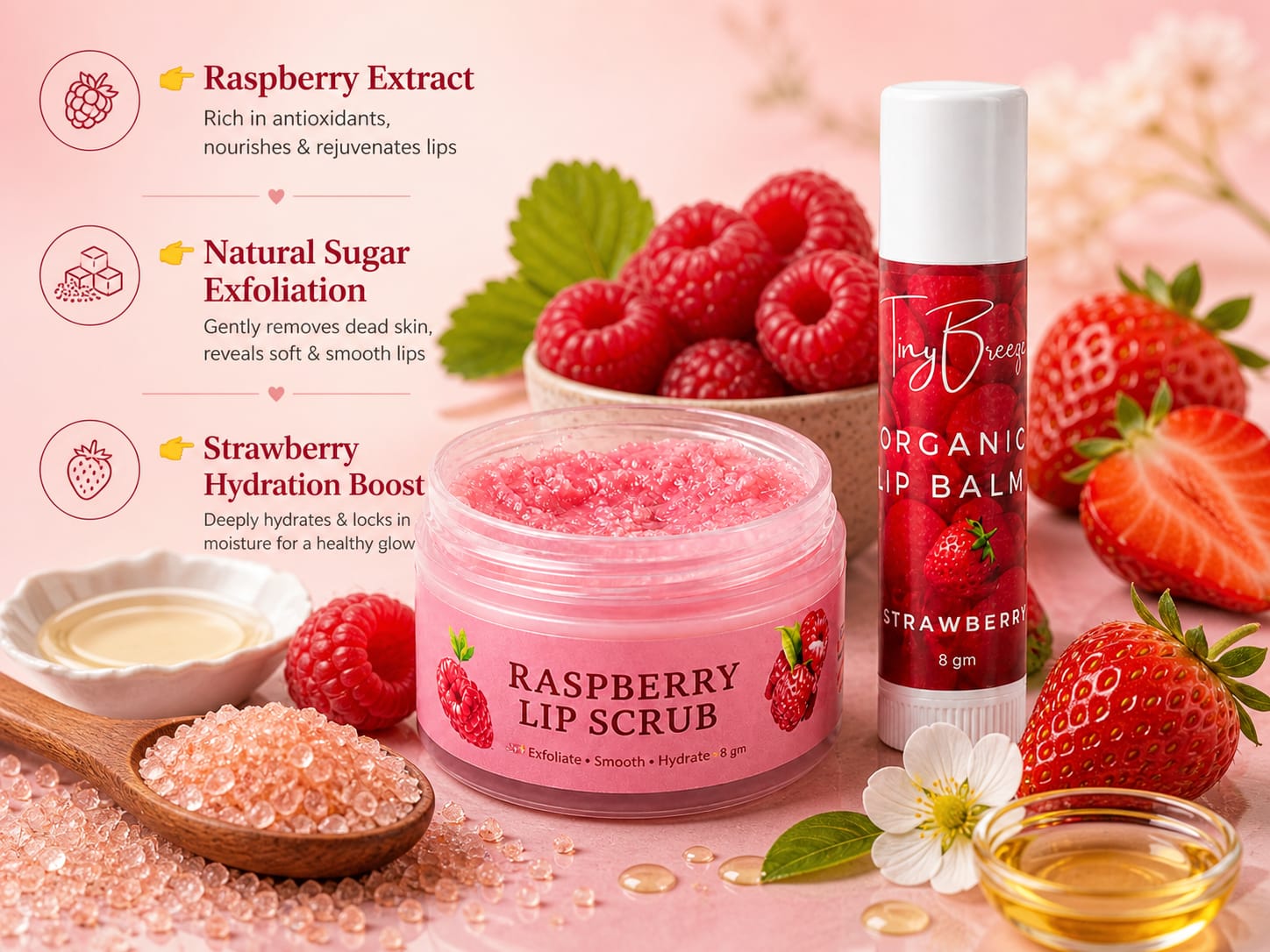Raspberry Lip Care Set, Lip Scrub with Shea Butter and Cocoa Butter, Lip Balm