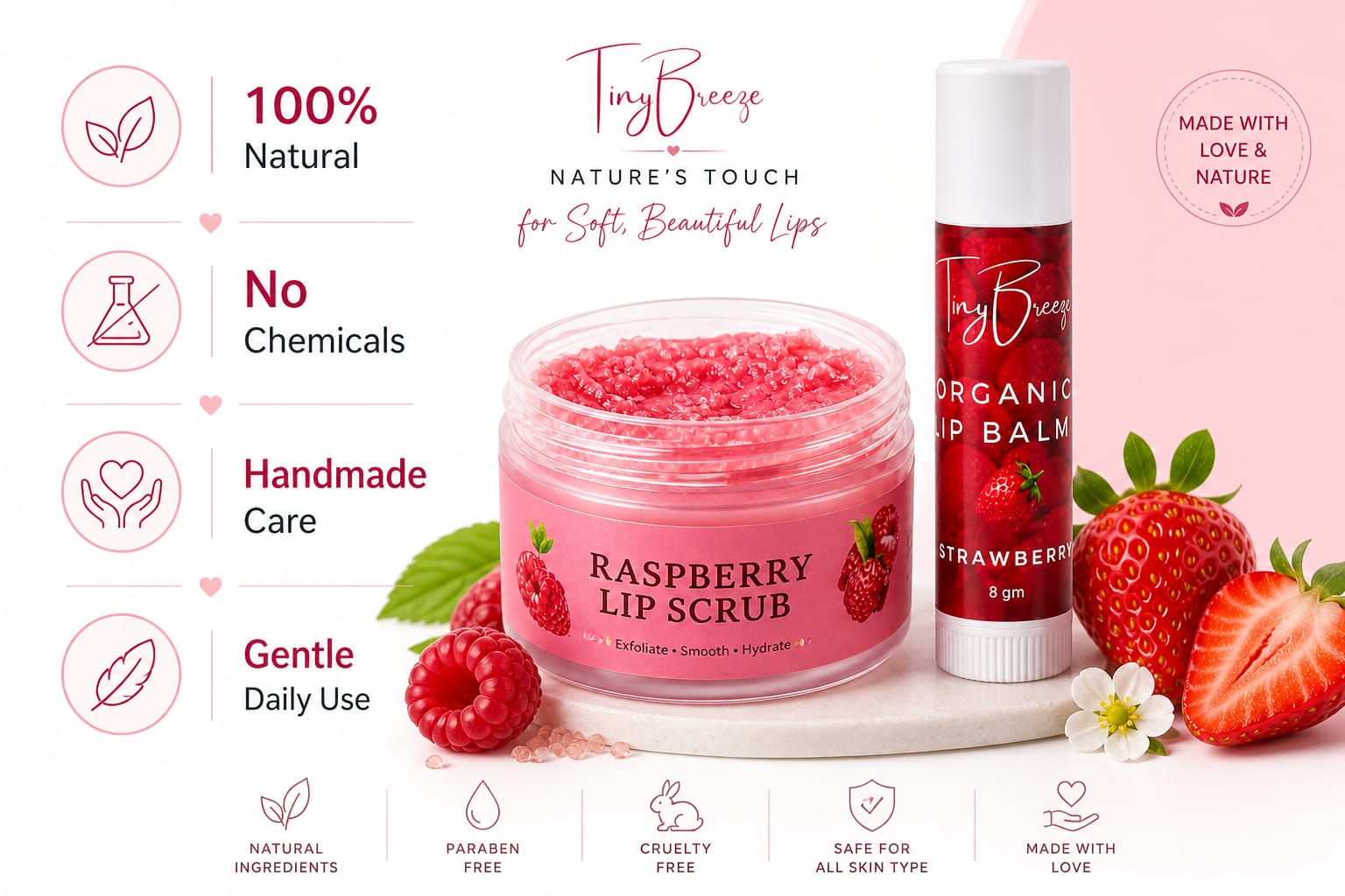 Raspberry Lip Care Set, Lip Scrub with Shea Butter and Cocoa Butter, Lip Balm