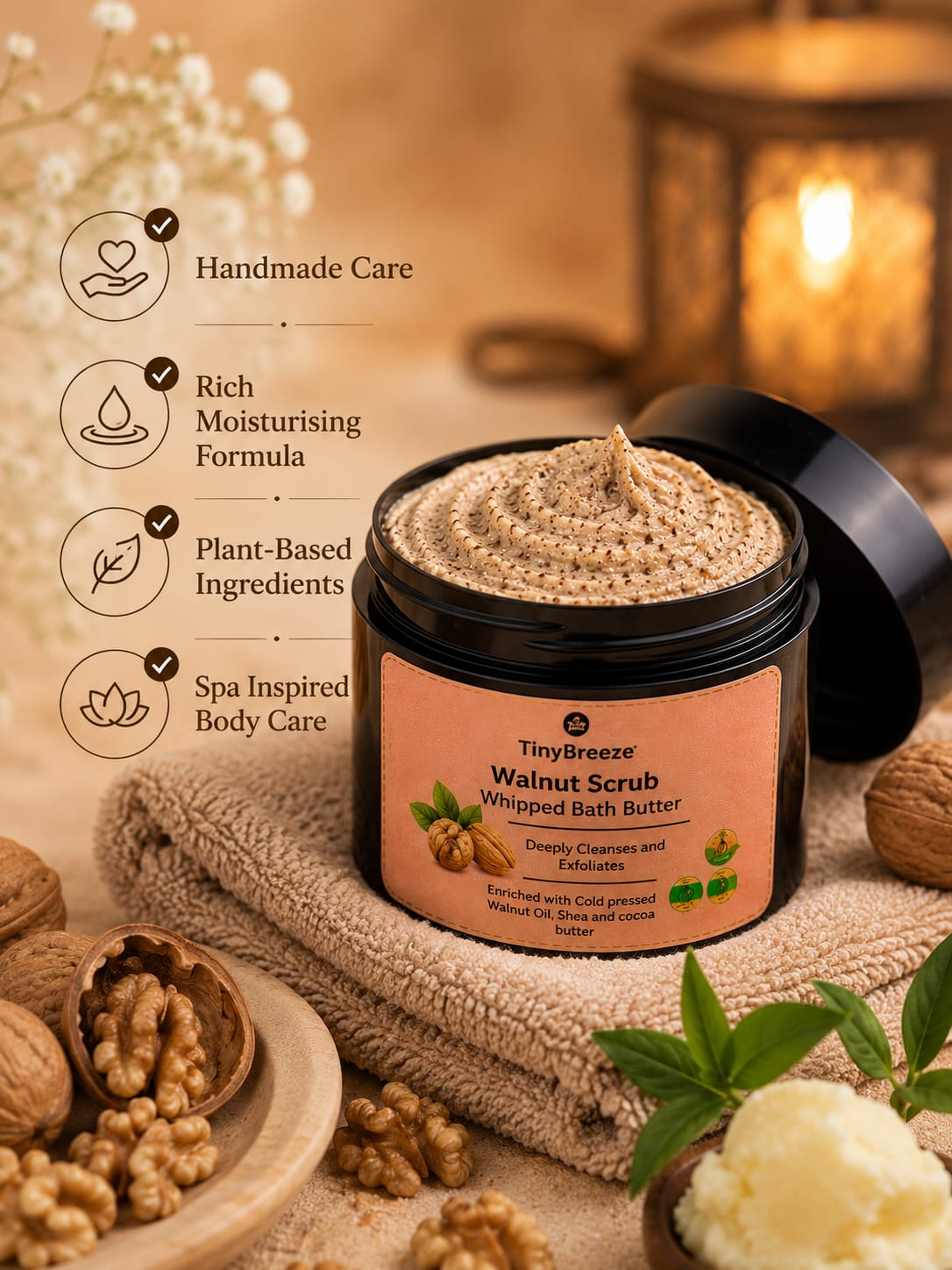 TinyBreeze Walnut Scrub Whipped Bath Butter - 200gm  | Deep Cleansing & Exfoliating Body Scrub | With Cold Pressed Walnut Oil