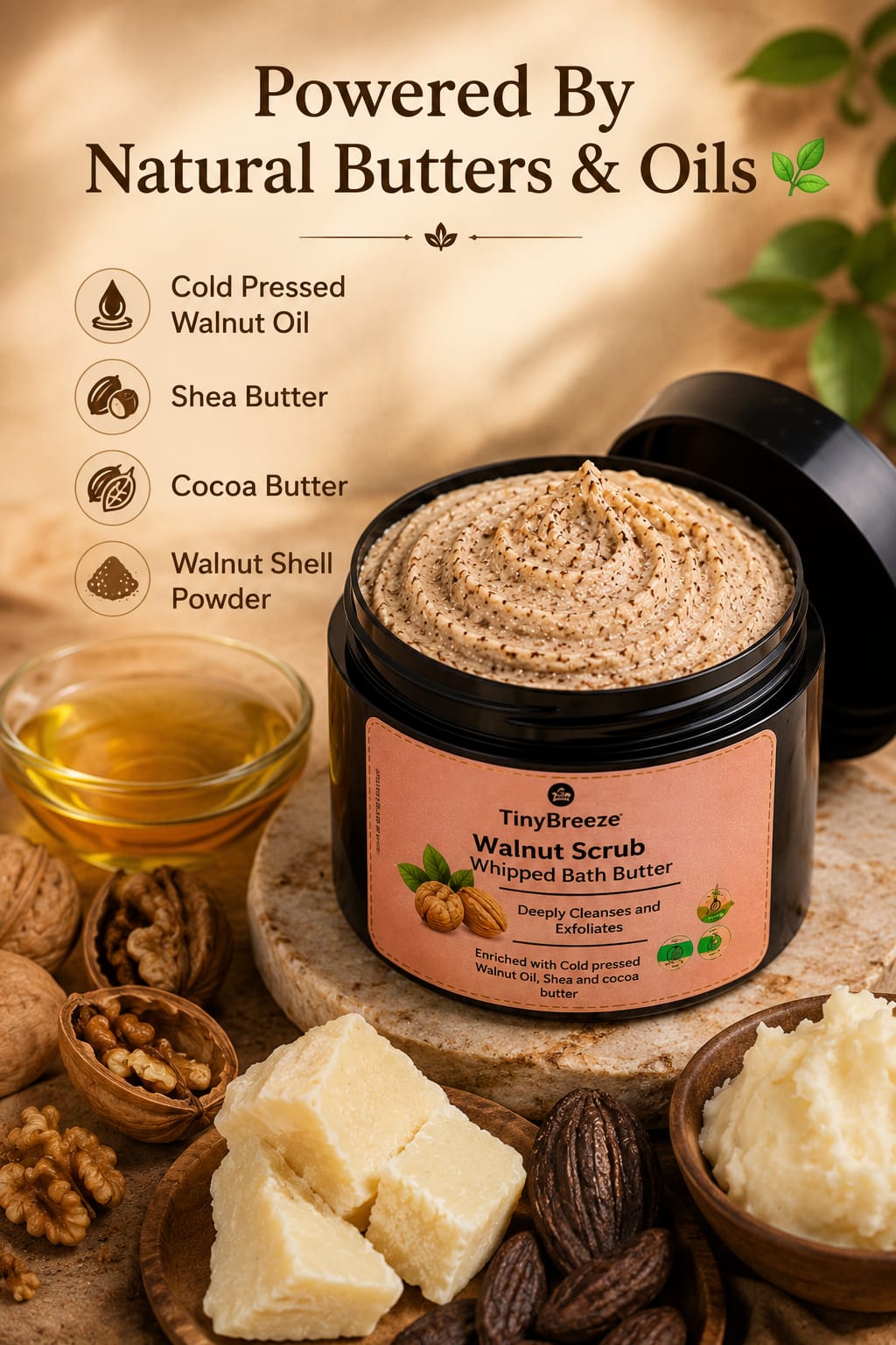 TinyBreeze Walnut Scrub Whipped Bath Butter - 200gm  | Deep Cleansing & Exfoliating Body Scrub | With Cold Pressed Walnut Oil