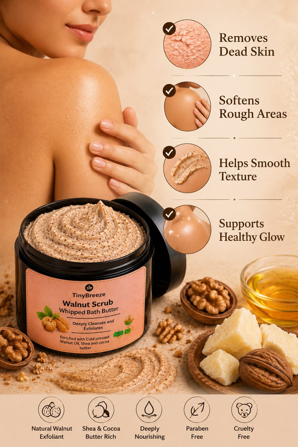 TinyBreeze Walnut Scrub Whipped Bath Butter - 200gm  | Deep Cleansing & Exfoliating Body Scrub | With Cold Pressed Walnut Oil