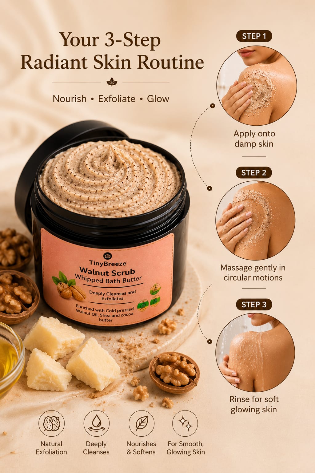 TinyBreeze Walnut Scrub Whipped Bath Butter - 200gm  | Deep Cleansing & Exfoliating Body Scrub | With Cold Pressed Walnut Oil